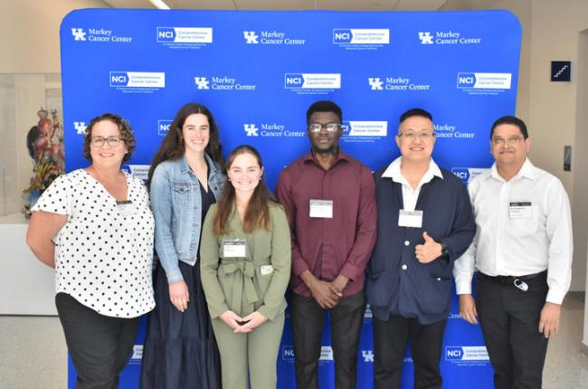 From left to right: Markey Research Day poster competition awardees Michelle Pitts, Maisy Webster, Julia Magsam, Oluwaseyi Omodiminiyi, Haoming Wu, Rakshamani Tripathi. Photo by Brenton Watts.